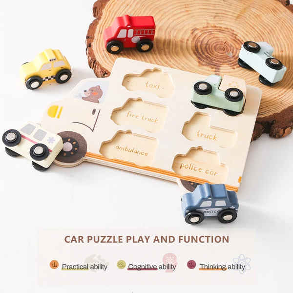 A wooden vehicle puzzle board with various colored toy cars and trucks arranged for learning.