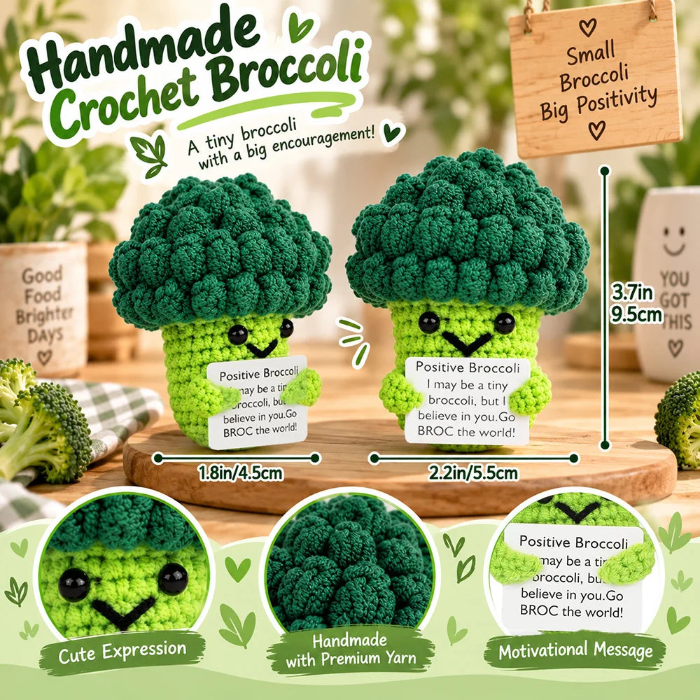 Handmade crochet broccoli doll with a motivational message and cute expression