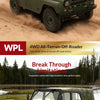 A dark olive green 1/12 scale 4WD off-road truck is driving through sand, demonstrating its all-terrain capability.