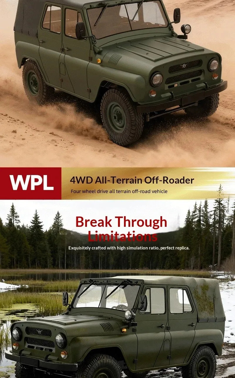 A dark olive green 1/12 scale 4WD off-road truck is driving through sand, demonstrating its all-terrain capability.