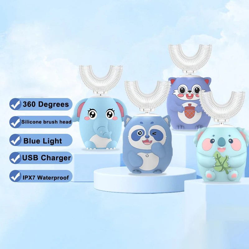 A set of three cute, U-shaped electric toothbrushes featuring pandas and an elephant, highlighting 360-degree cleaning and bl
