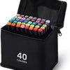 A black portable case containing 40 alcohol markers with various colored tips and caps.