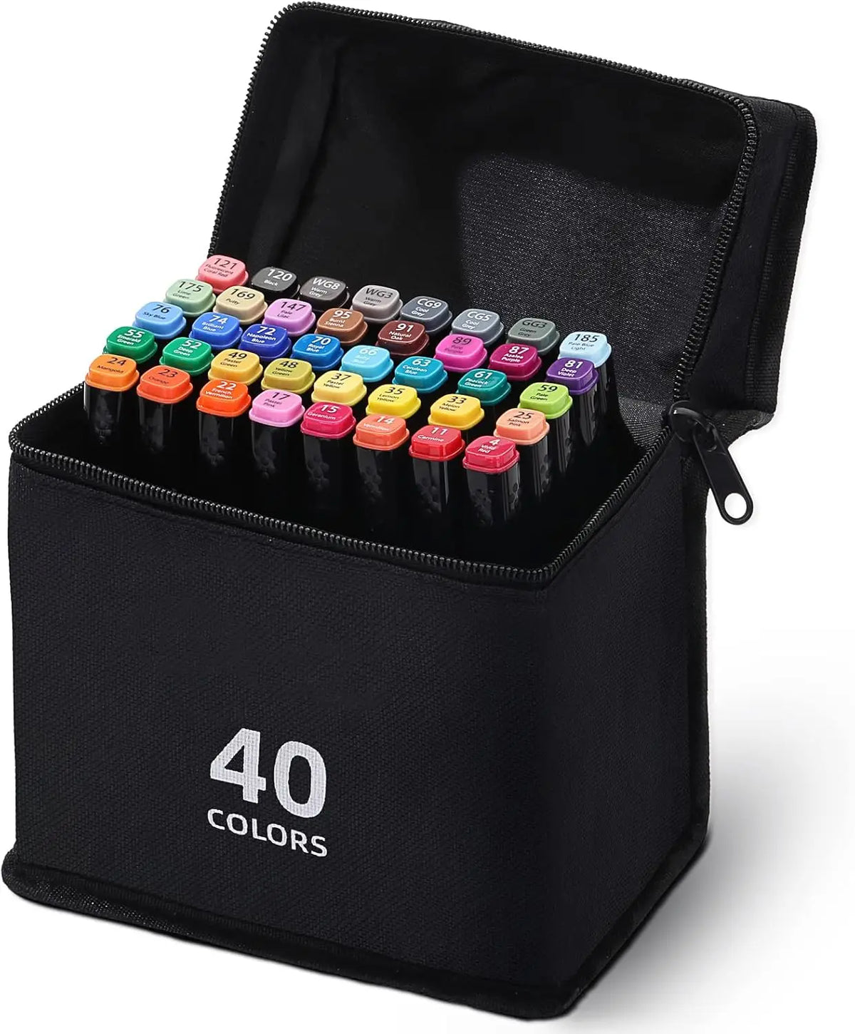 A black portable case containing 40 alcohol markers with various colored tips and caps.