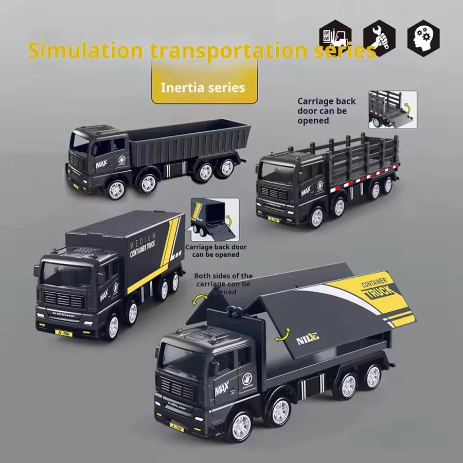 A collection of simulation transportation series pull-back container truck toys for kids.