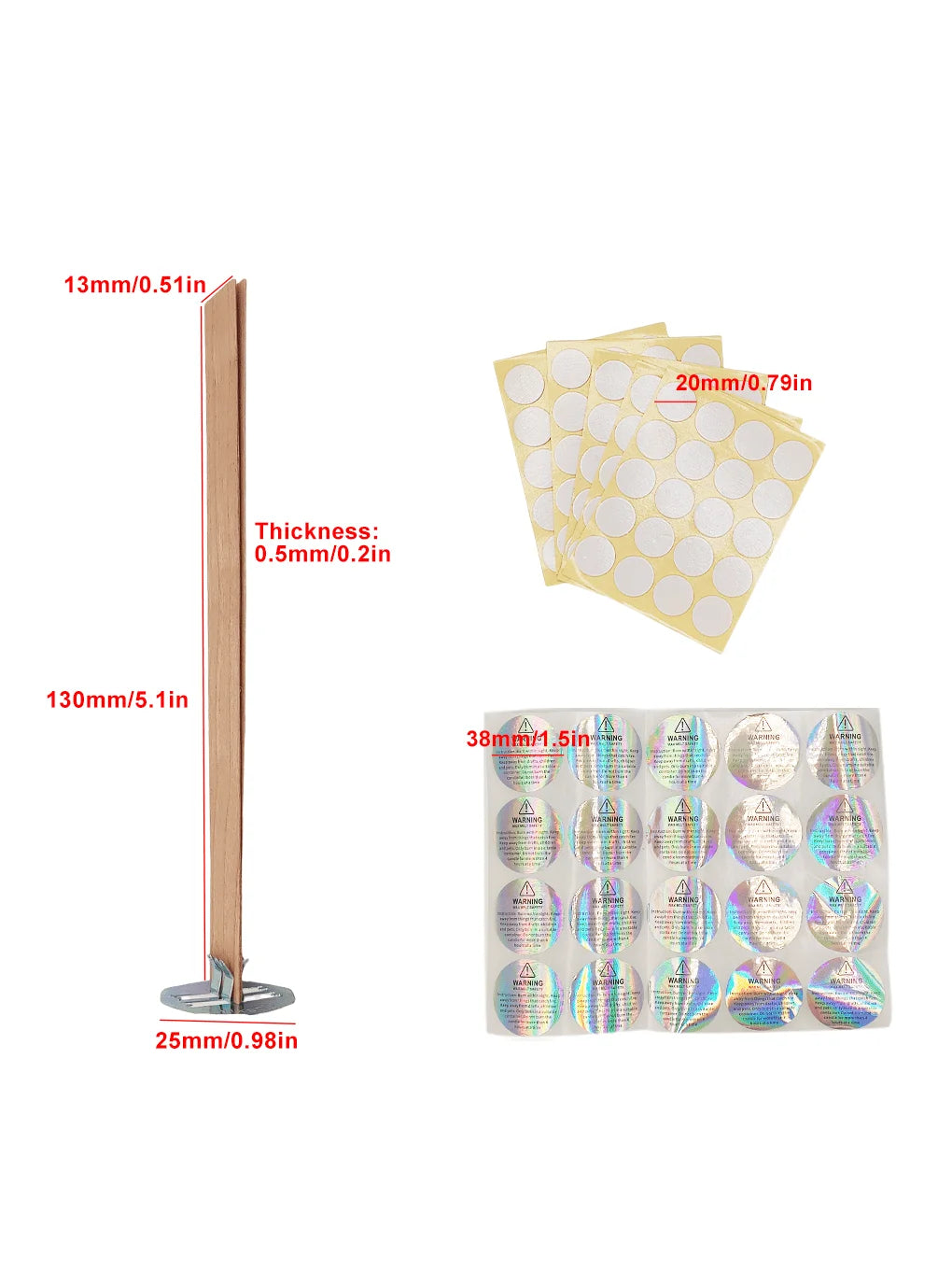 A set of cherry wood candle wicks with iron brackets and glue dots, shown in various lengths.
