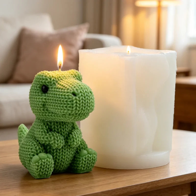 3D Knitted Dinosaur Silicone Candle Mold – Cute Sitting Dino Design for DIY Crafts