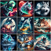 A collage of various wolf portraits set against cosmic backgrounds and natural landscapes.