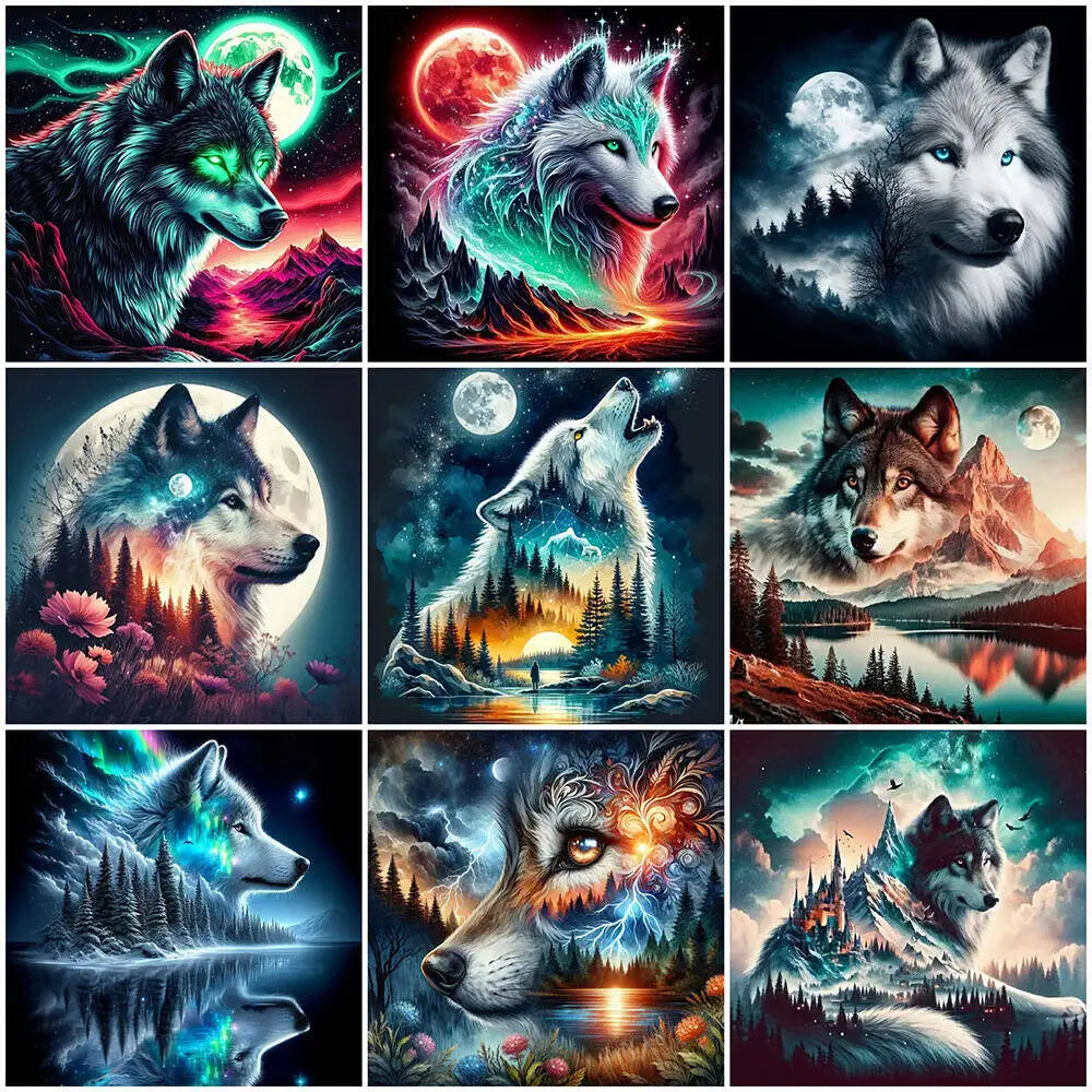 A collage of various wolf portraits set against cosmic backgrounds and natural landscapes.