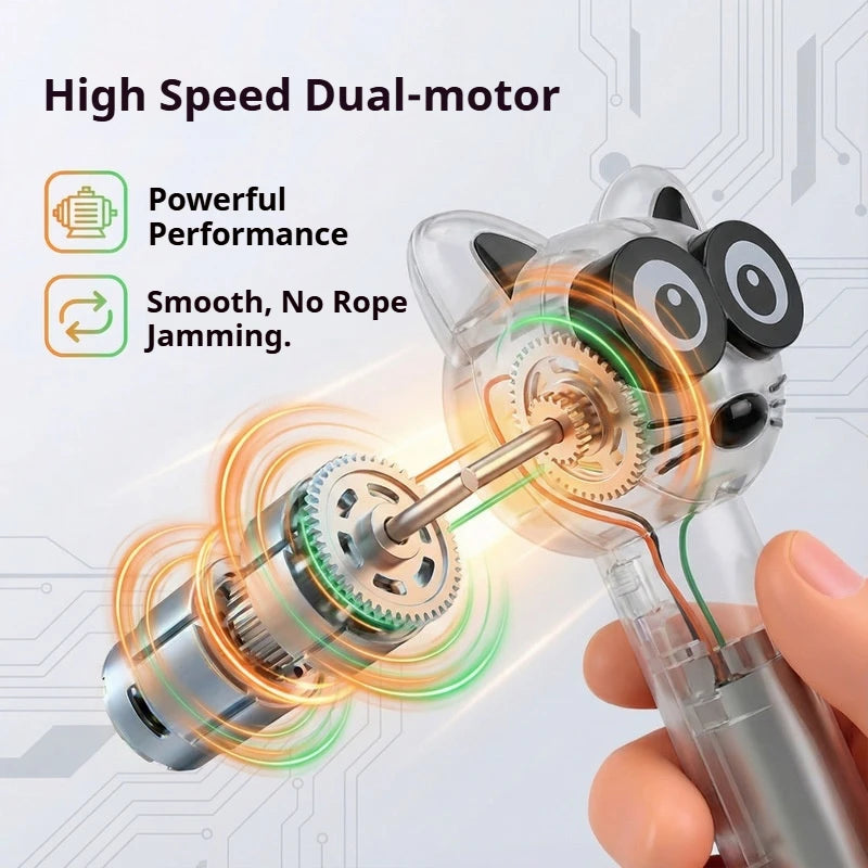 A hand holds a glow-in-the-dark automatic cat toy with dual motors demonstrating powerful performance.