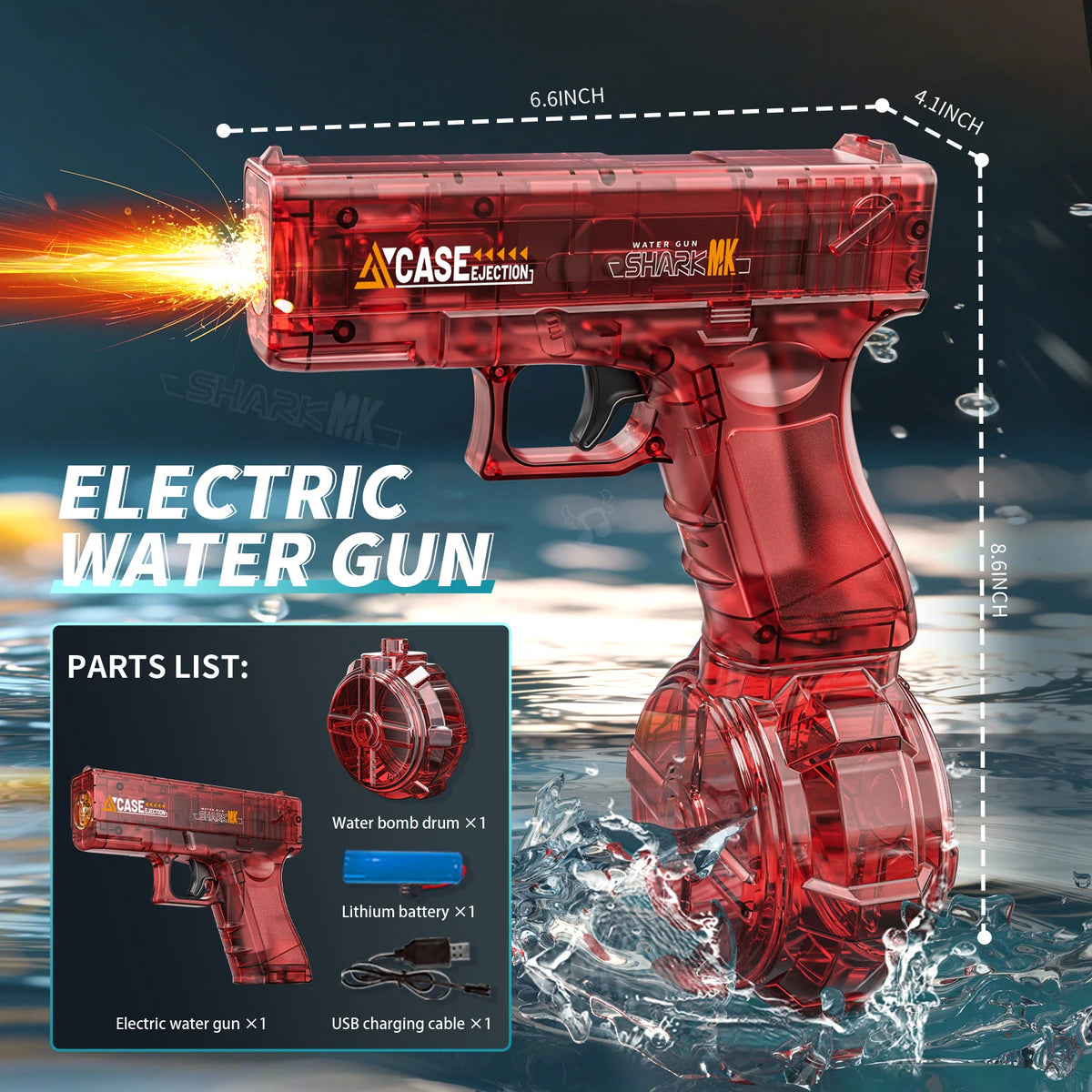 A red electric water gun is shown with its parts, including a water bomb drum and lithium battery.