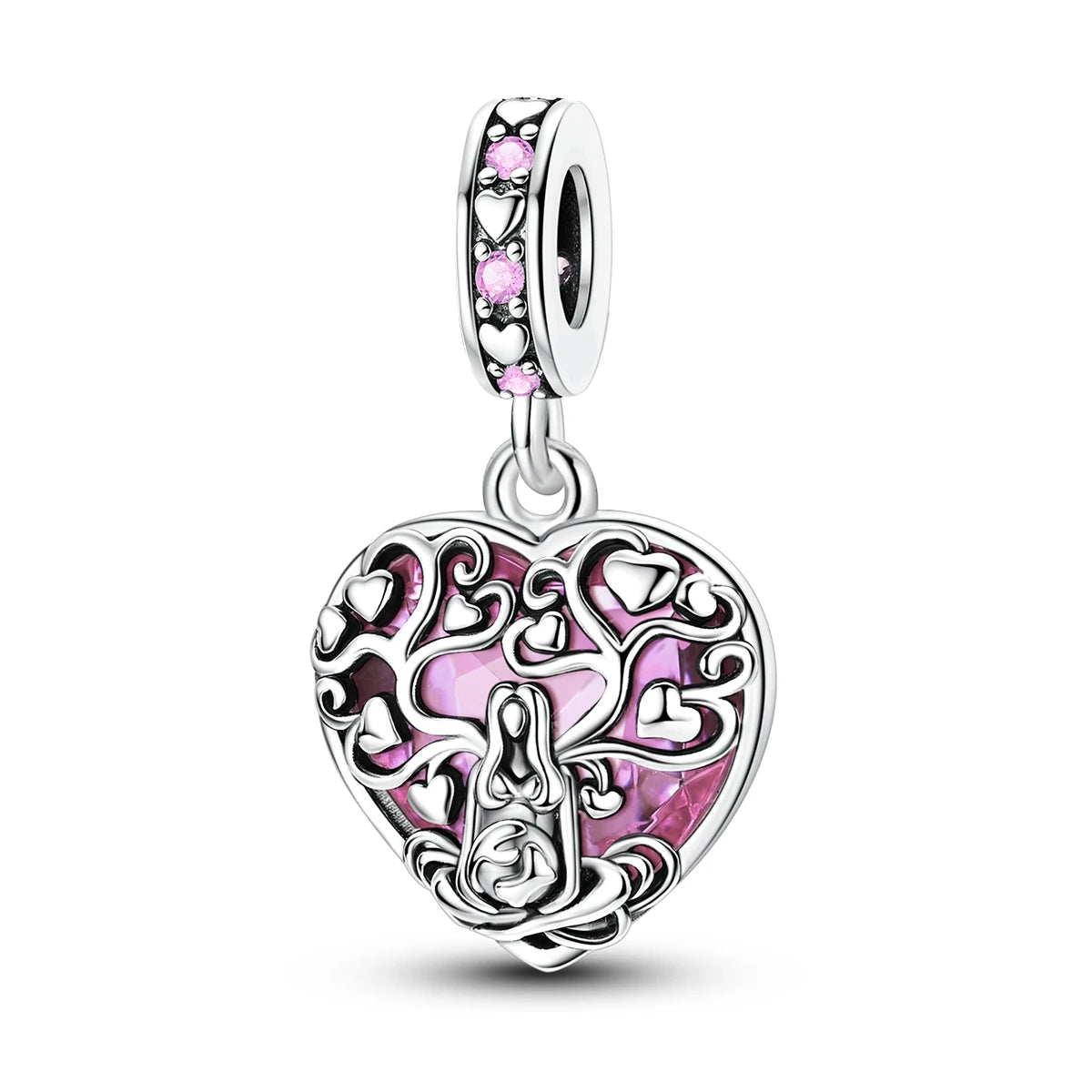 Silver-Plated Heart Charm Bead with Cubic Zirconia for Bracelets and DIY Jewelry