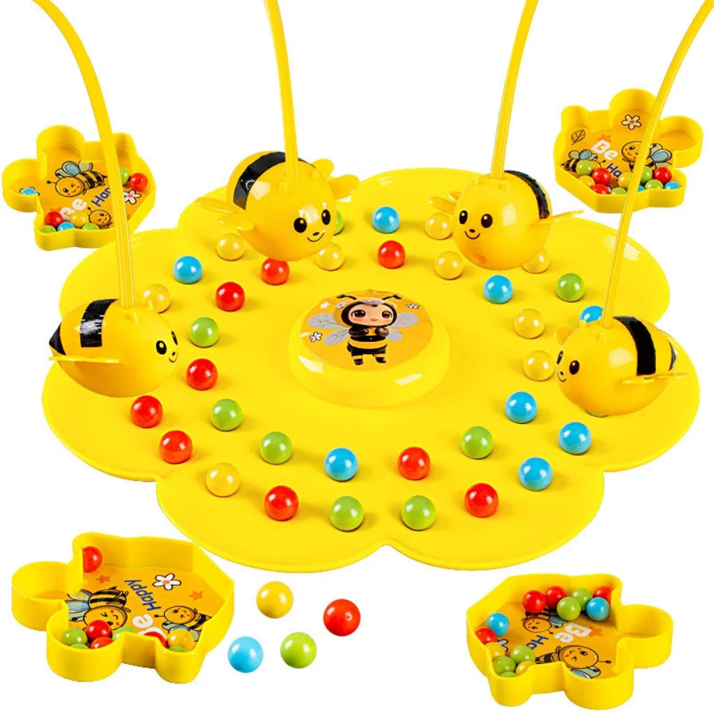 A yellow board game and fishing toy set featuring a bumblebee theme for children.