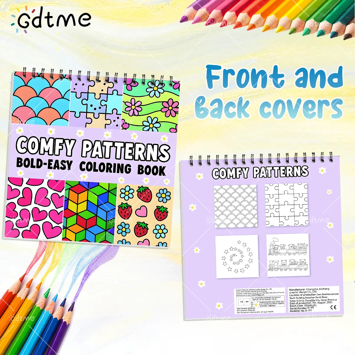 Front and back covers of a comfy patterns bold-easy coloring book featuring heart, flower, and geometric designs