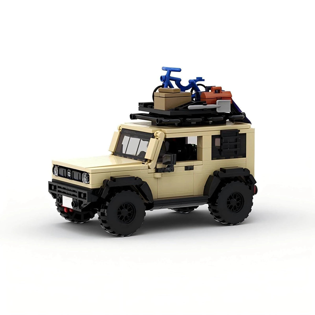 A detailed off-road SUV building block set in beige and black colors.