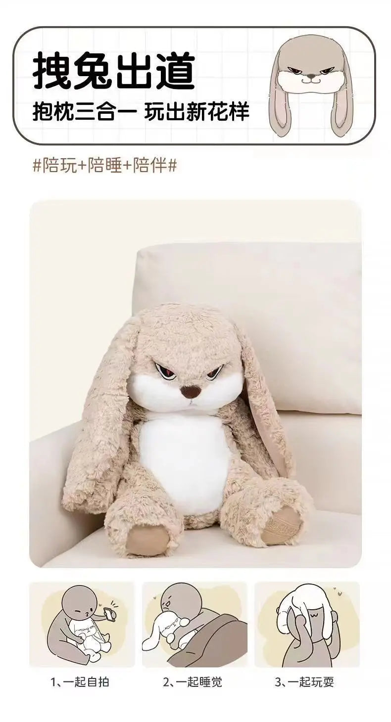 A soft plush rabbit toy in beige and white colors shown in three different poses.