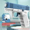 A white and blue high-pressure water gun is shown with a water inlet detail.
