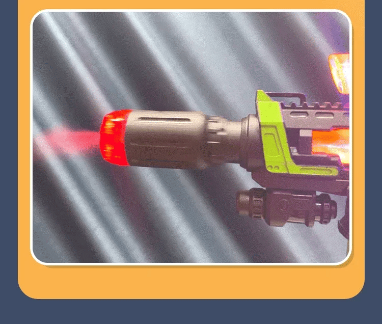 A close-up of an LED light-up water mist blaster toy gun with a green and gray body, aimed forward.