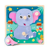 A wooden puzzle featuring a cute blue elephant with various shapes and colors for toddlers.