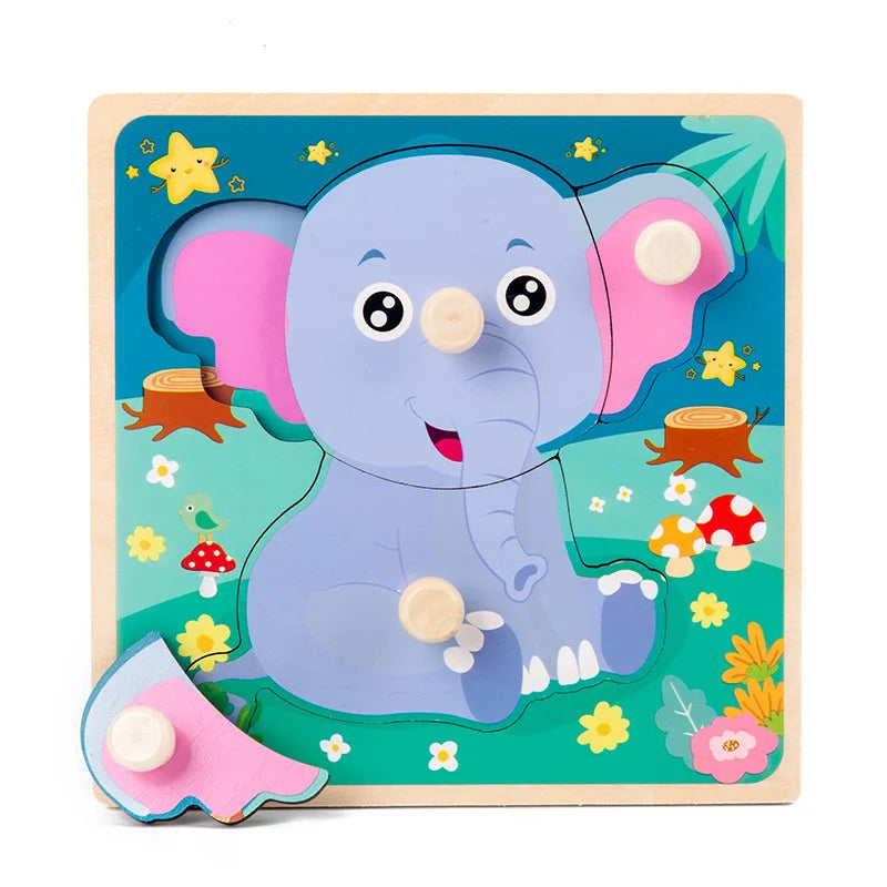 A wooden puzzle featuring a cute blue elephant with various shapes and colors for toddlers.