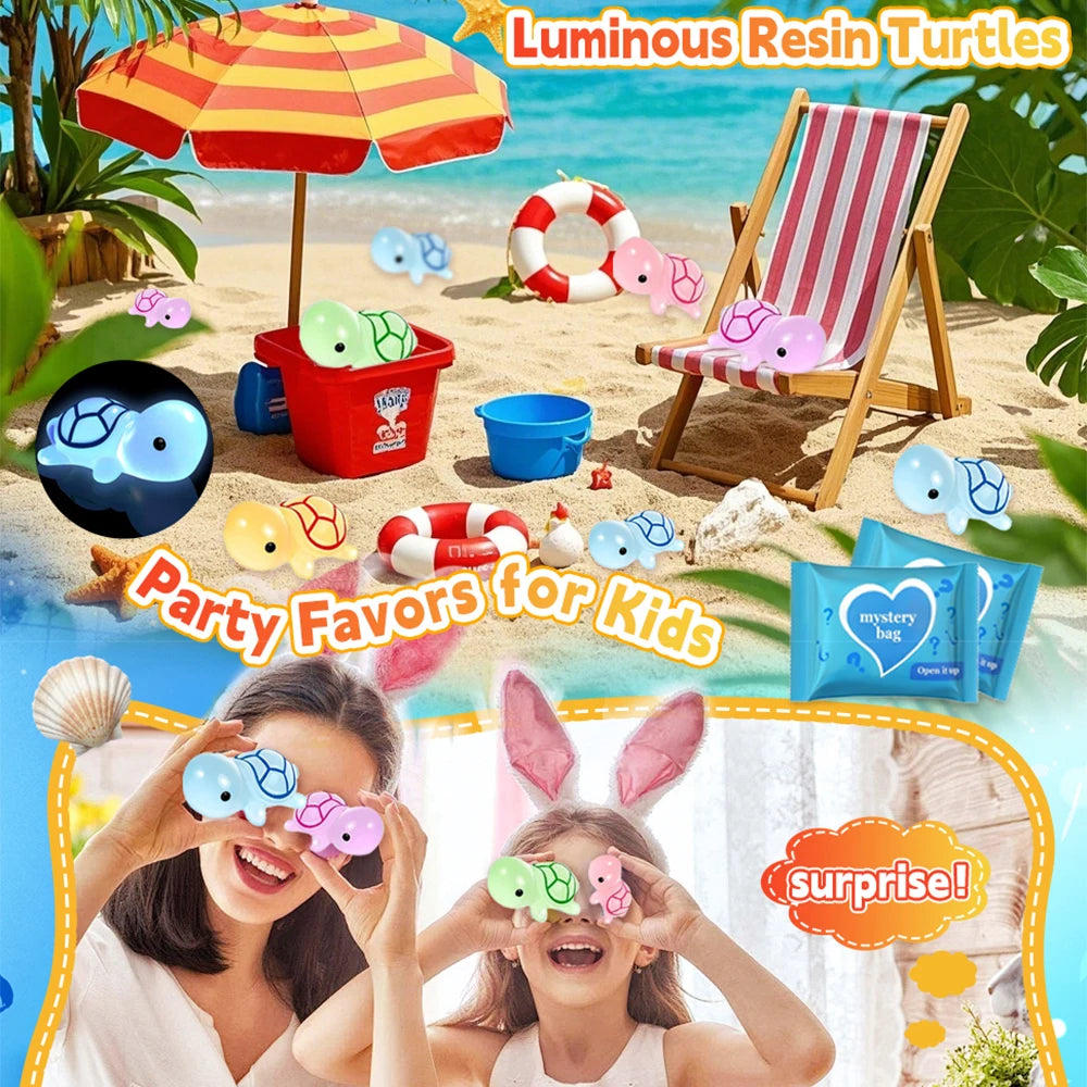 Luminous resin turtle figurines and party favors for kids including a colorful umbrella and a mystery bag