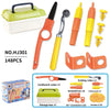 A set of cardboard construction tools including a knife, various tools, and storage box for kids