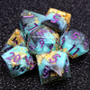 A set of seven polyhedral resin dice featuring a marbled blue and purple design on a black surface.