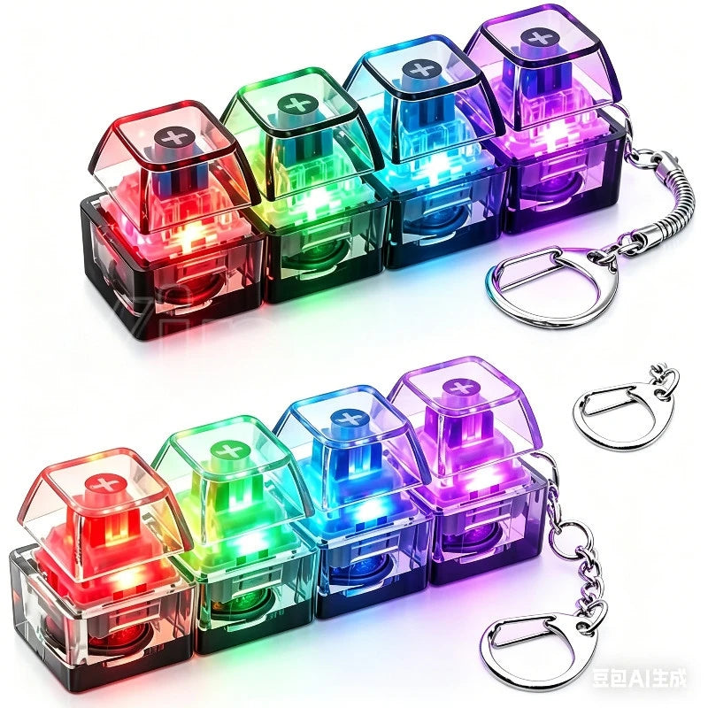 A set of nine clear LED fidget buttons packaged in a keychain, featuring various colors like red, green, blue, and purple.