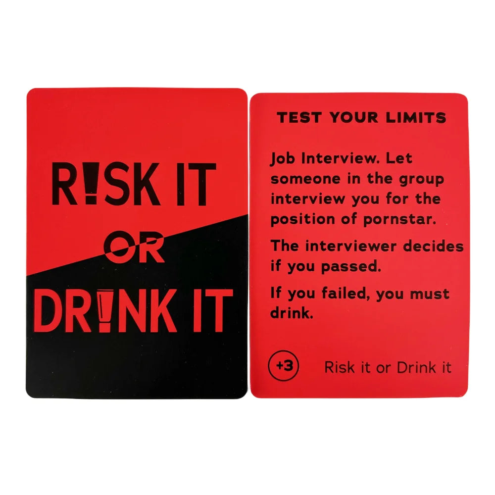 Two red cards for a drinking game titled Risk it or Drink it with instructions for a job interview scenario