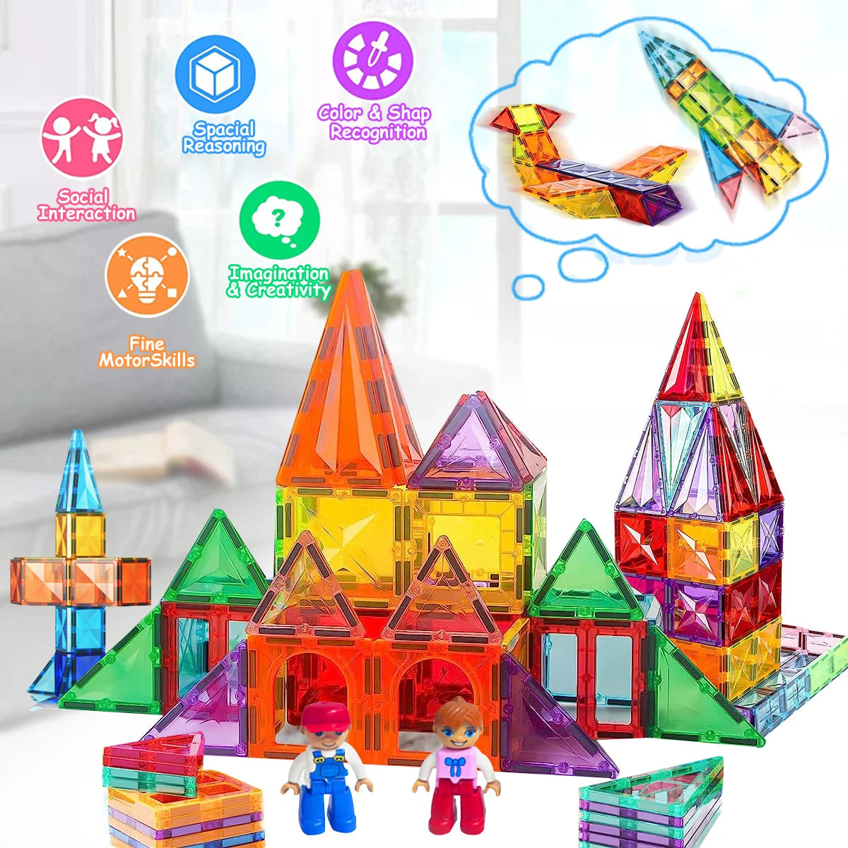 A colorful set of magnetic building blocks for kids used in STEM education and spatial reasoning activities.