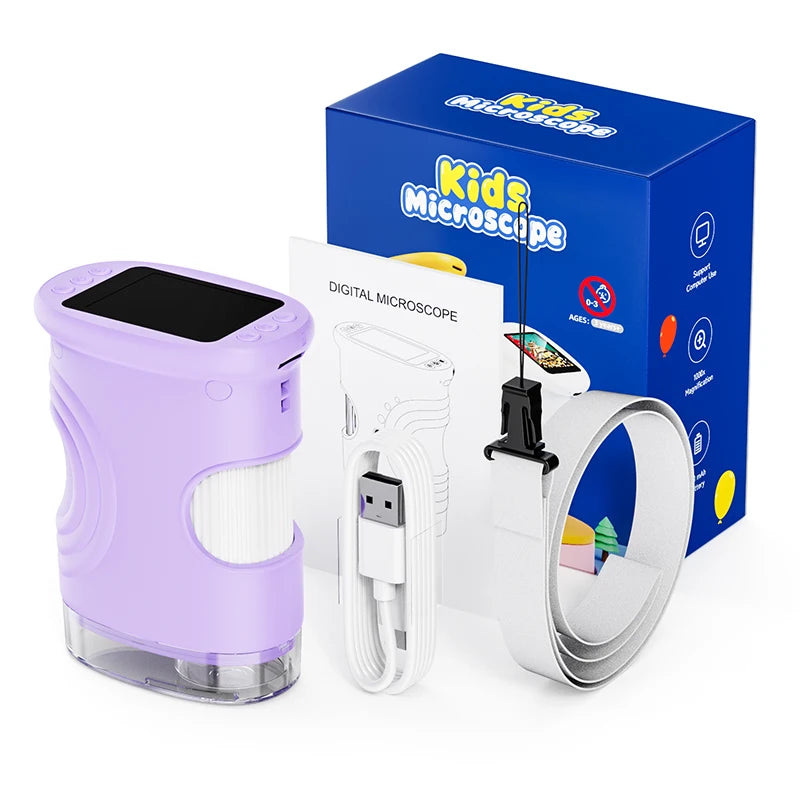 A purple portable digital microscope for kids with a white accessory and a blue box.