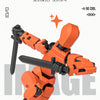 An orange action figure is shown in a dynamic pose, featuring multiple joints and accessories.