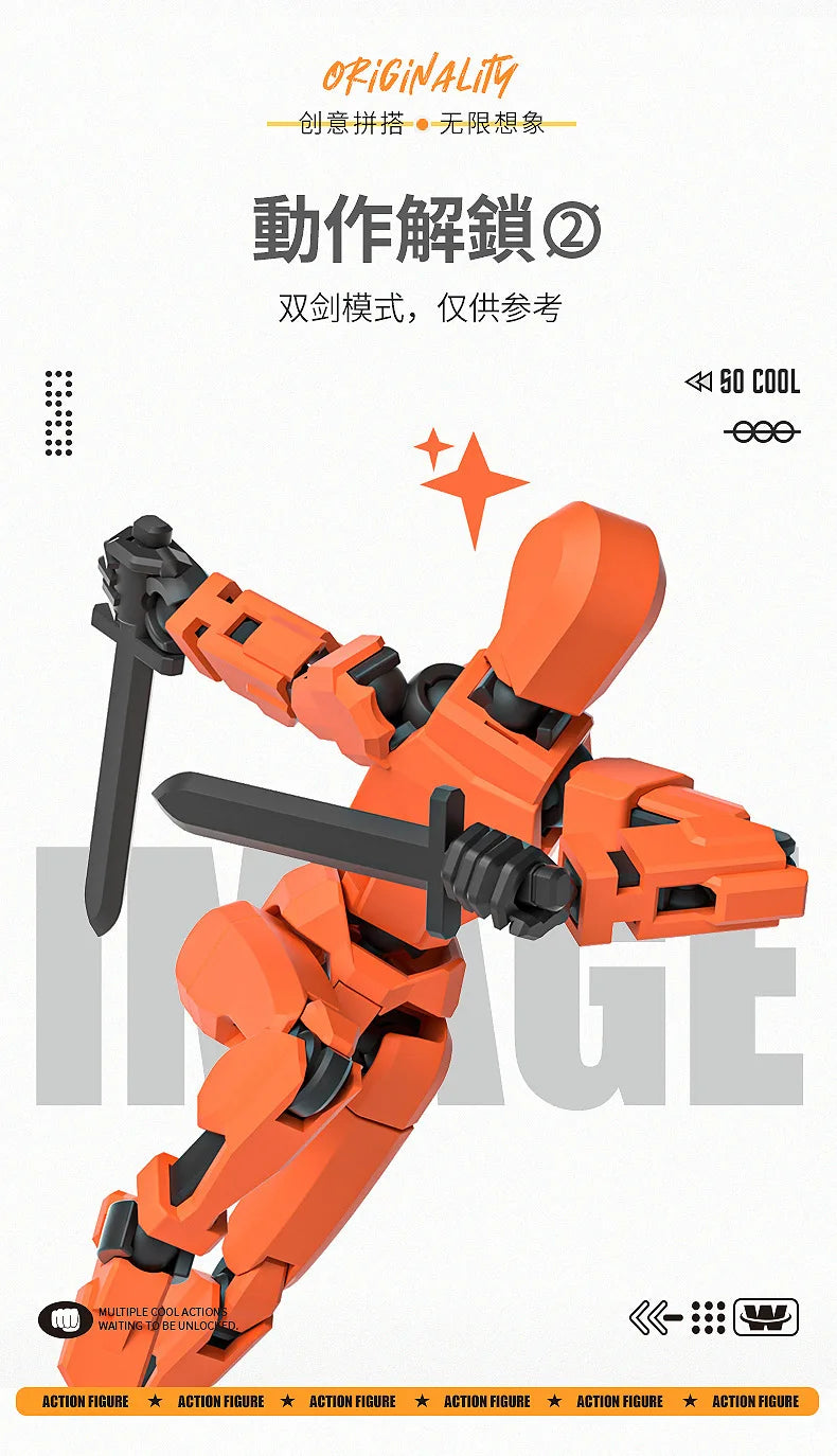 An orange action figure is shown in a dynamic pose, featuring multiple joints and accessories.