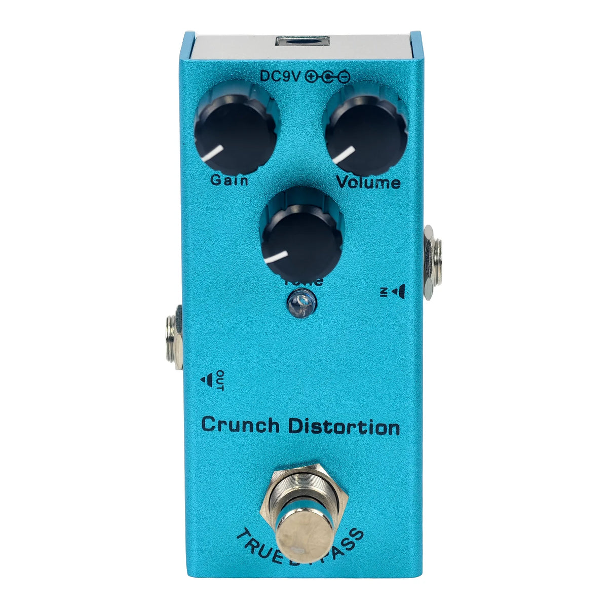 Türkis-Elektro-Gitarren-Effektpedal mit Gain- und Lautstärkeregelung sowie Crunch-Verzerrer-Umschalter