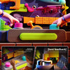 A close-up of a multi-layer rolling ball track toy featuring colorful plastic components and hands interacting with the mecha