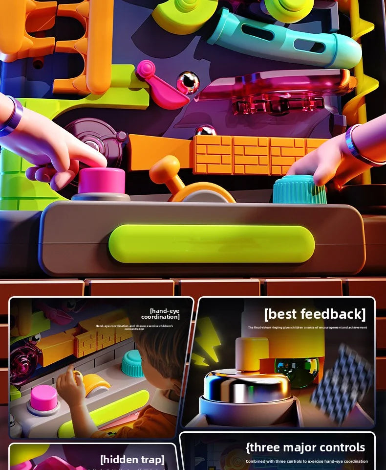A close-up of a multi-layer rolling ball track toy featuring colorful plastic components and hands interacting with the mecha