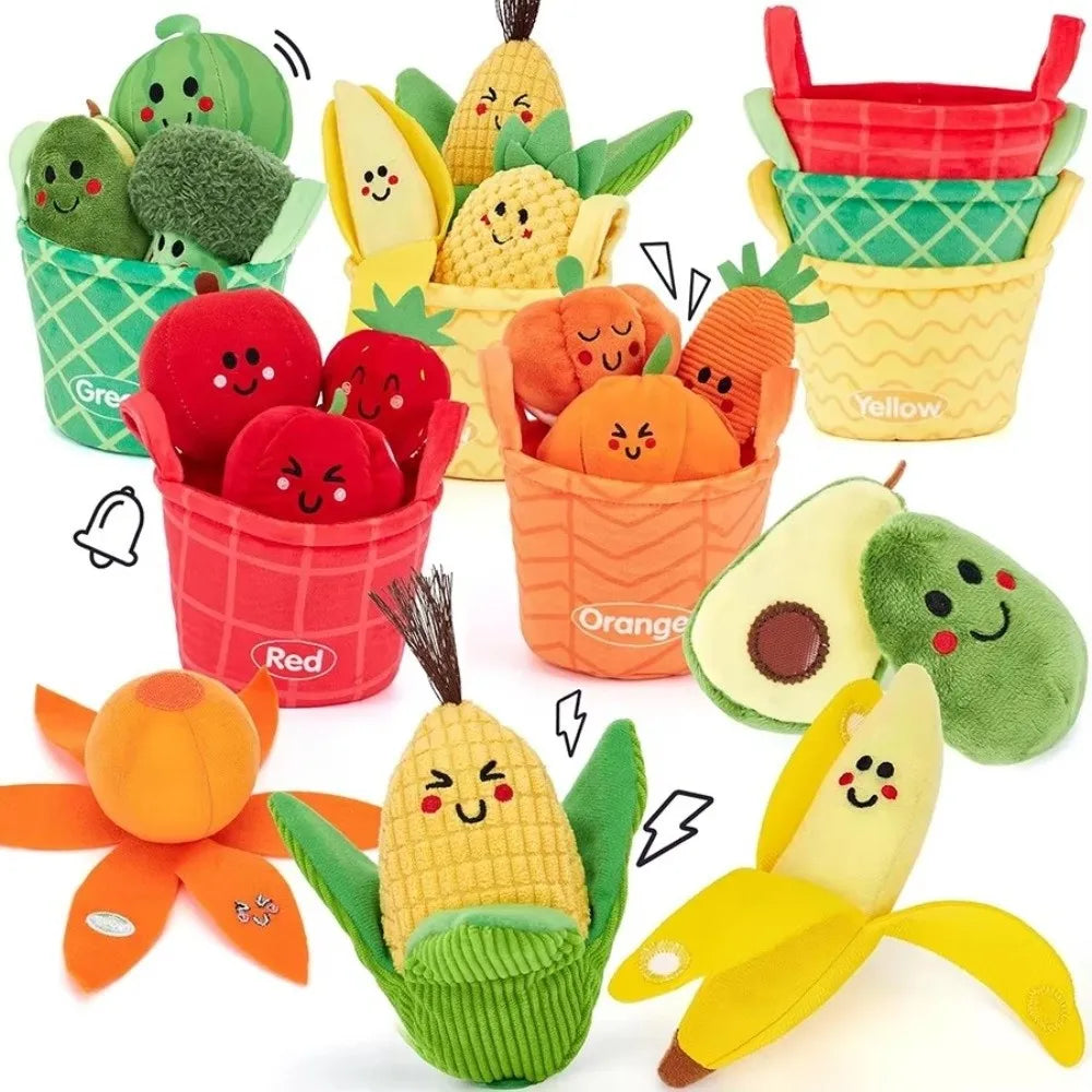 A colorful sensory fruit and veggie sorting set featuring crinkle textures of various fruits and vegetables.
