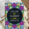 A color by number adult coloring book featuring floral and mandala designs on a colorful page.