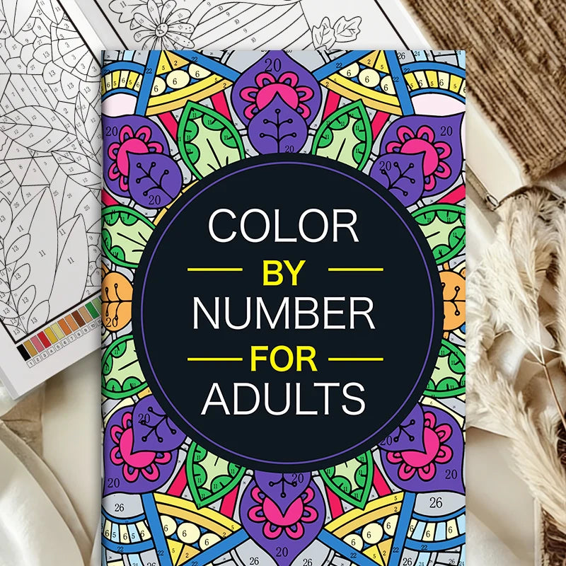 A color by number adult coloring book featuring floral and mandala designs on a colorful page.