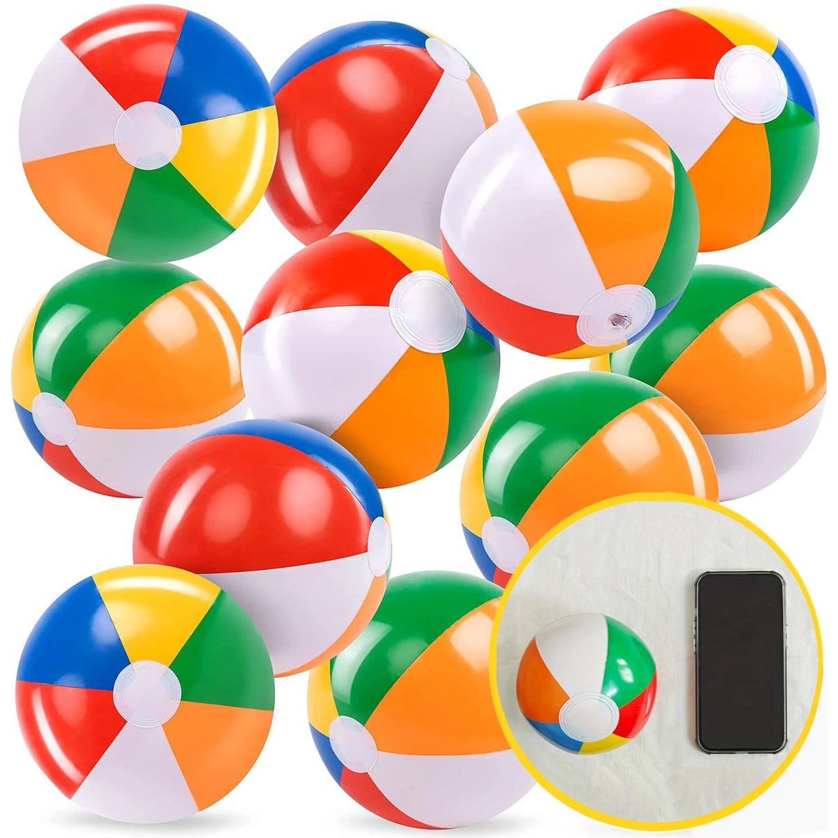 A collection of colorful inflatable beach balls in various patterns and colors for summer fun