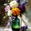 A still life painting featuring a bouquet of flowers in a green glass bottle.