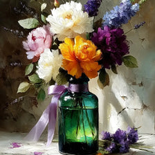A still life painting featuring a bouquet of flowers in a green glass bottle.