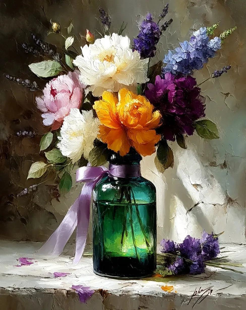 A still life painting featuring a bouquet of flowers in a green glass bottle.
