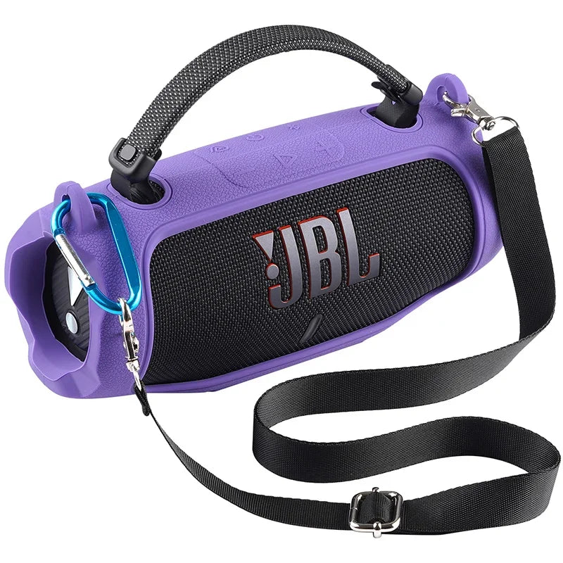 Purple silicone protective case with black strap for a JBL Charge 6 speaker.