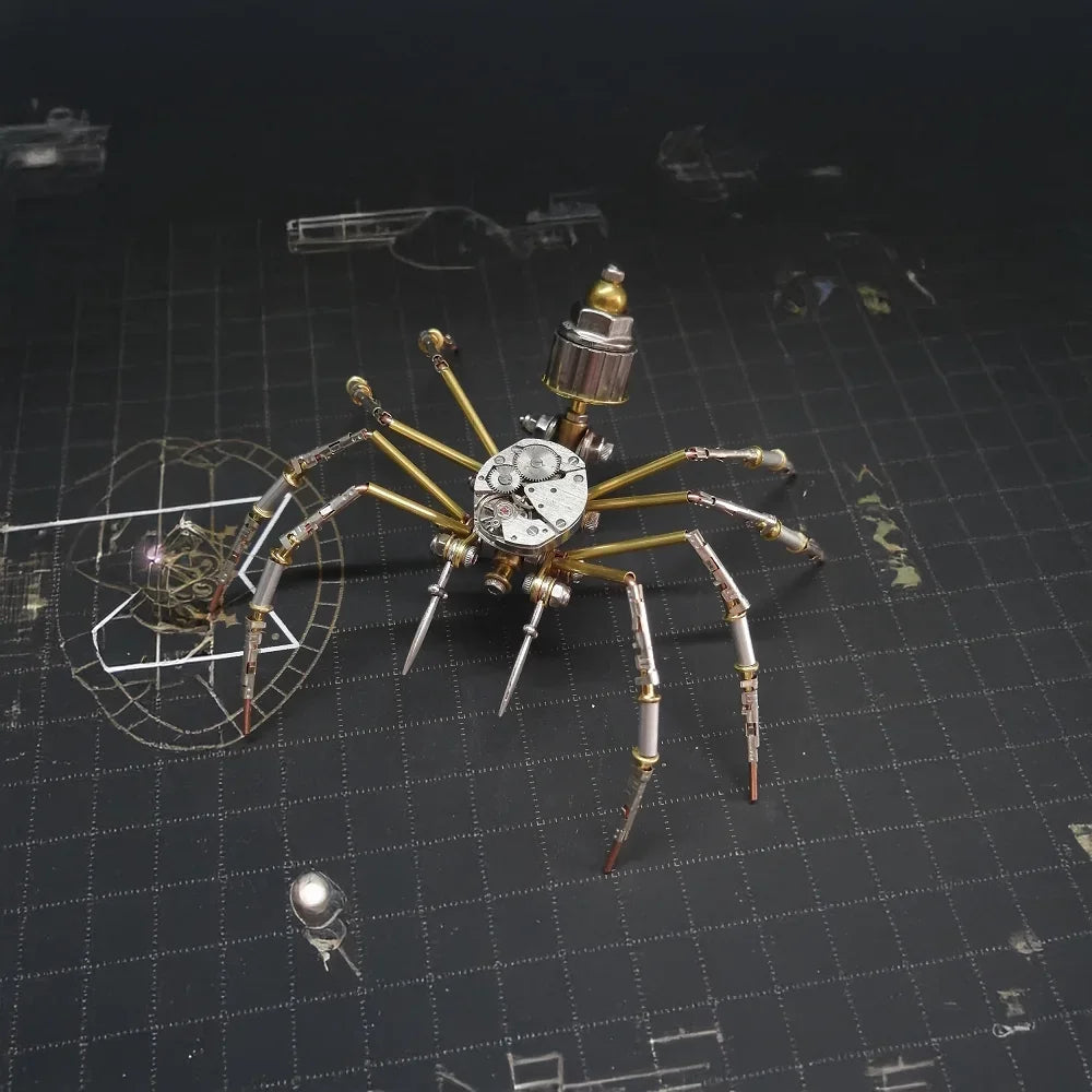 A detailed steampunk metal spider model with intricate joints and gears is displayed on a dark grid background.