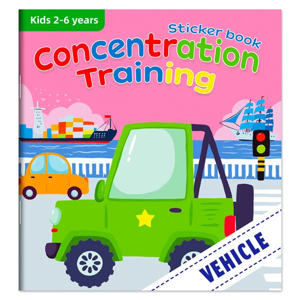 A sticker book for children teaching concentration training featuring a green vehicle.