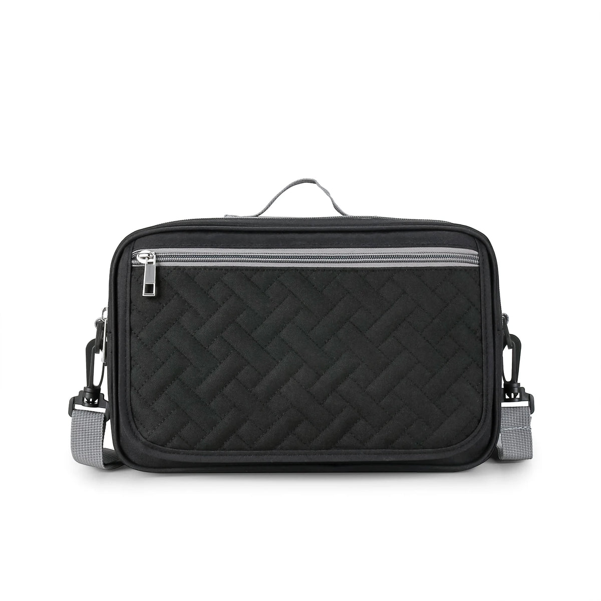 Black portable diaper bag with a zippered compartment and shoulder strap.