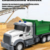 A remote control engineering vehicle model of a green truck is shown on a dirt surface.