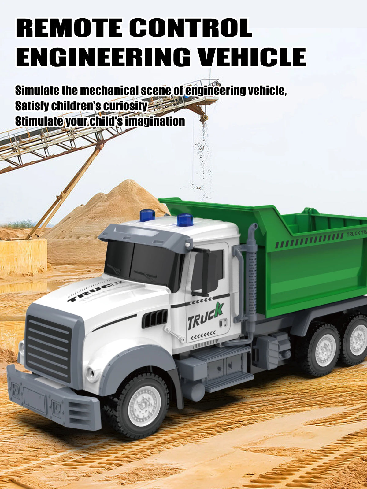 A remote control engineering vehicle model of a green truck is shown on a dirt surface.