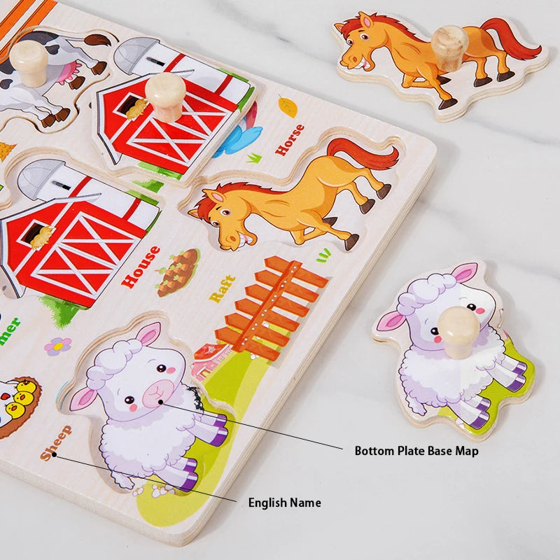 Toddler Wooden Puzzle Set - Animal, Traffic & Fruit Theme - Montessori Learning Toy