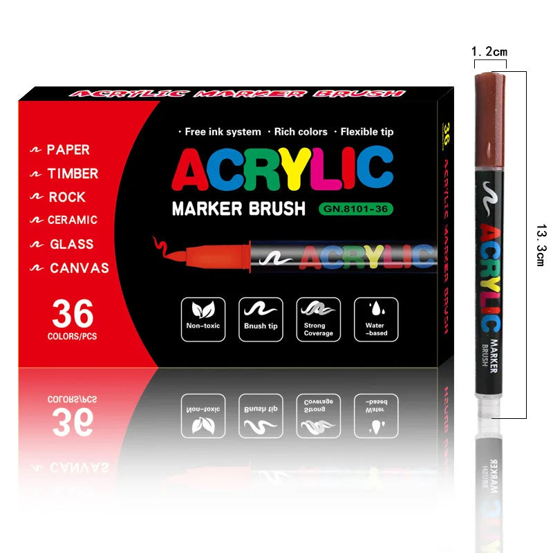 A set of acrylic marker brushes with flexible tips for various art mediums like rock, stone, and ceramic.
